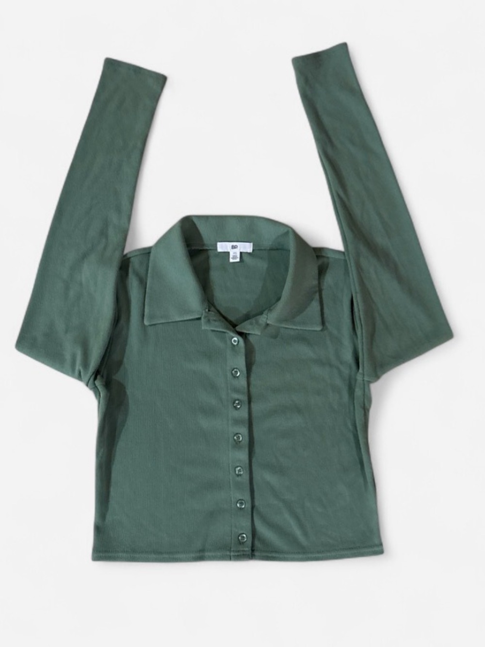 Women BP Northstorm Collared Long-Sleeve Button-Front Top in Sage Green